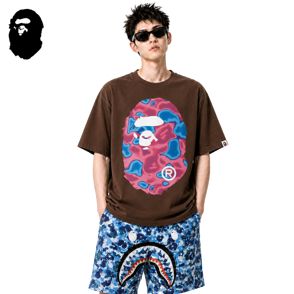 BAPE Pink Liquid Camo Big Ape Head Men's T-Shirt - Brown