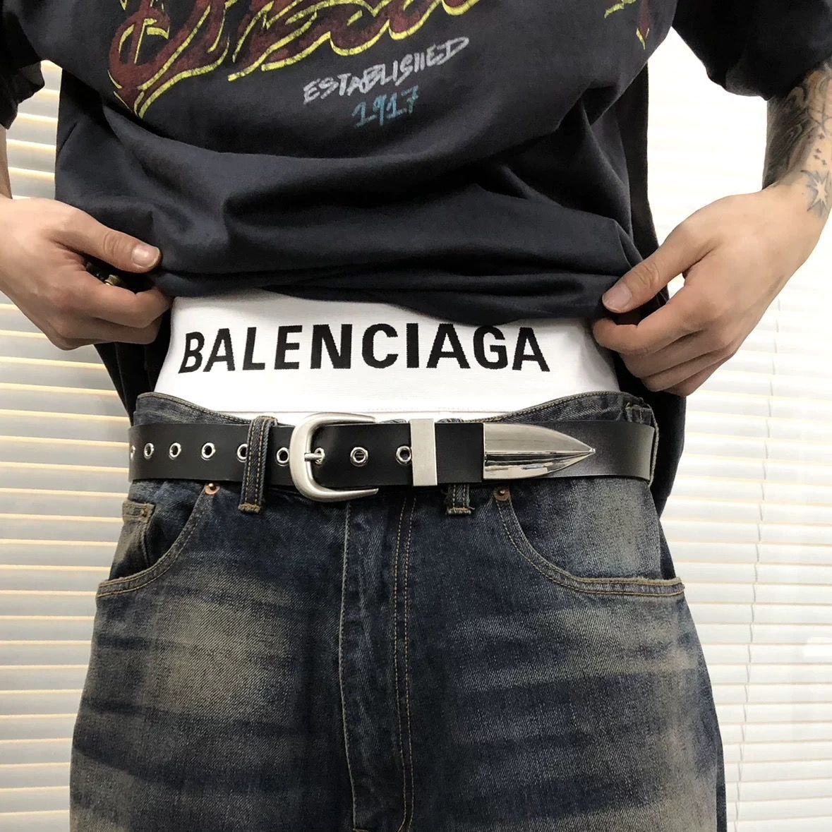 Dagger Tip Leather Belt Silver Metal Tip Full Grain Cowhide Unisex