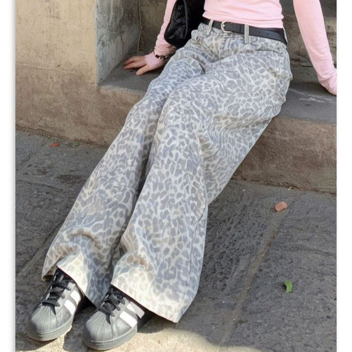 Milk Coffee Leopard Print High Waist Wide Leg Denim Jeans