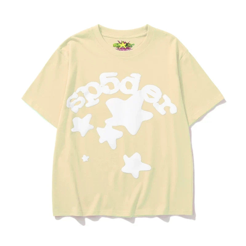 Sp5der Star & White Letter Graphic Light Yellow Short Sleeve T-Shirt