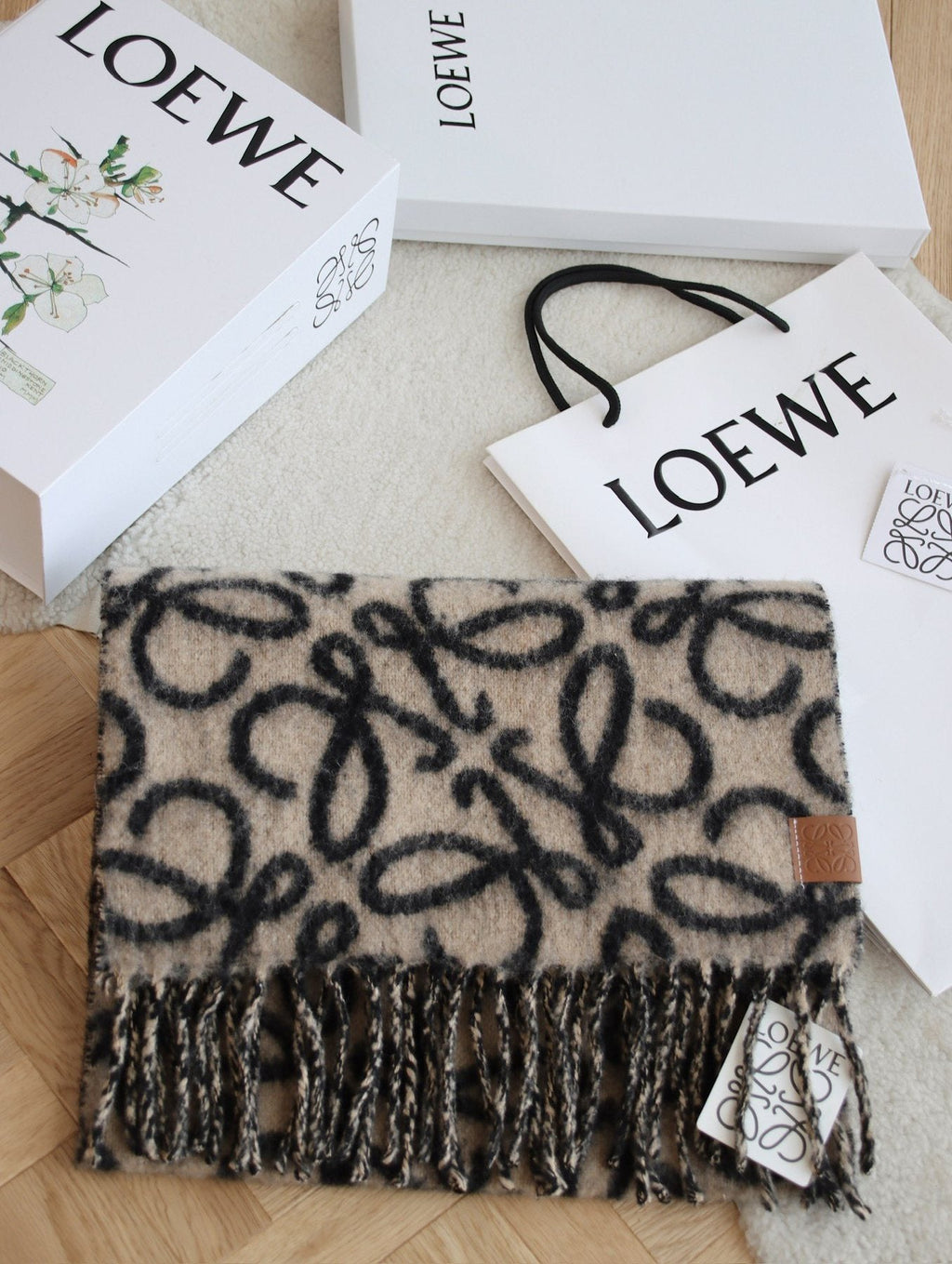Loewe Beige and Black Patterned Fringe Scarf