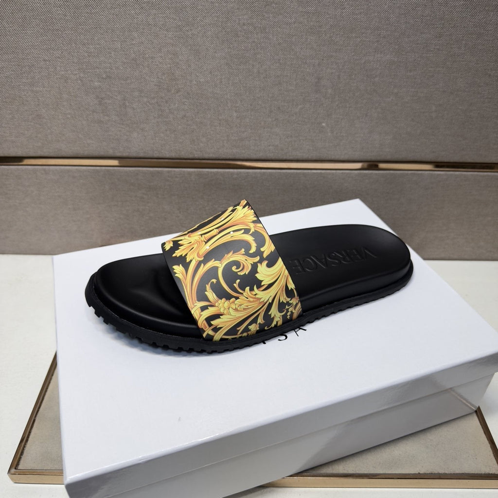 Versace Gold Patterned Strap Slide Sandals