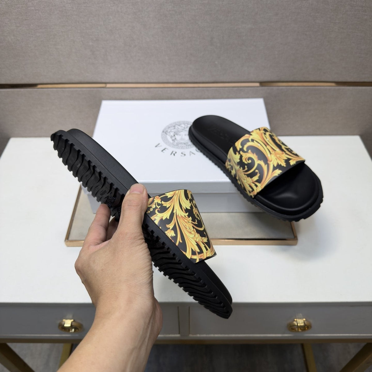 Versace Gold Patterned Strap Slide Sandals