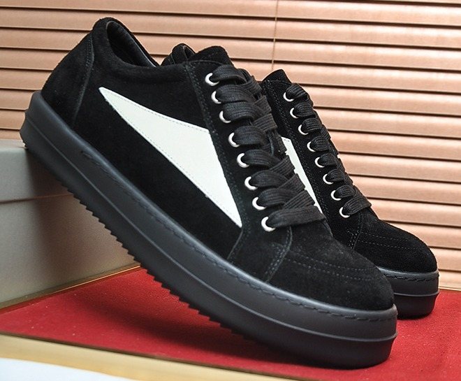 Rick Owens Black Low-Top Sneakers with White Side Panels