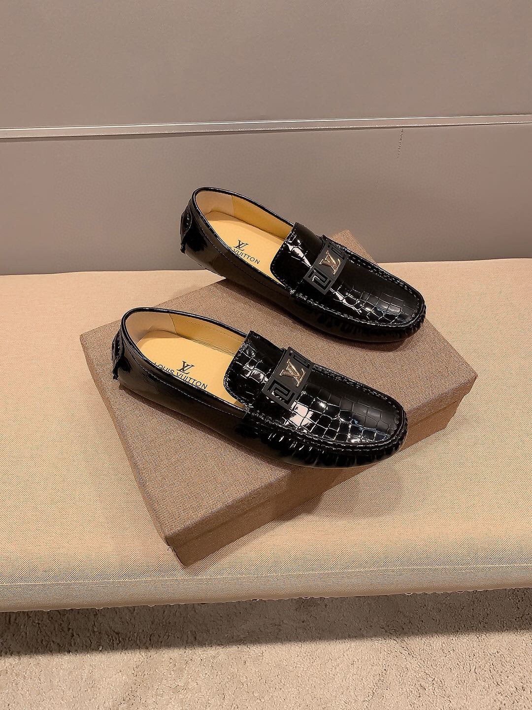 Louis Vuitton Men's Black Embossed Loafers - Low-Profile Sole
