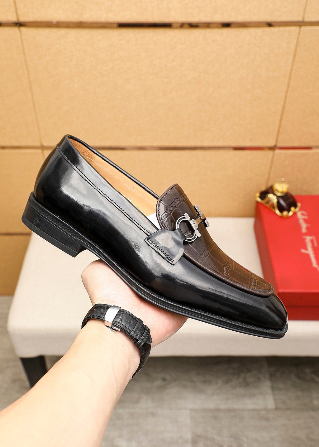 Ferragamo Embossed Bit Loafers - Dark Brown and Black