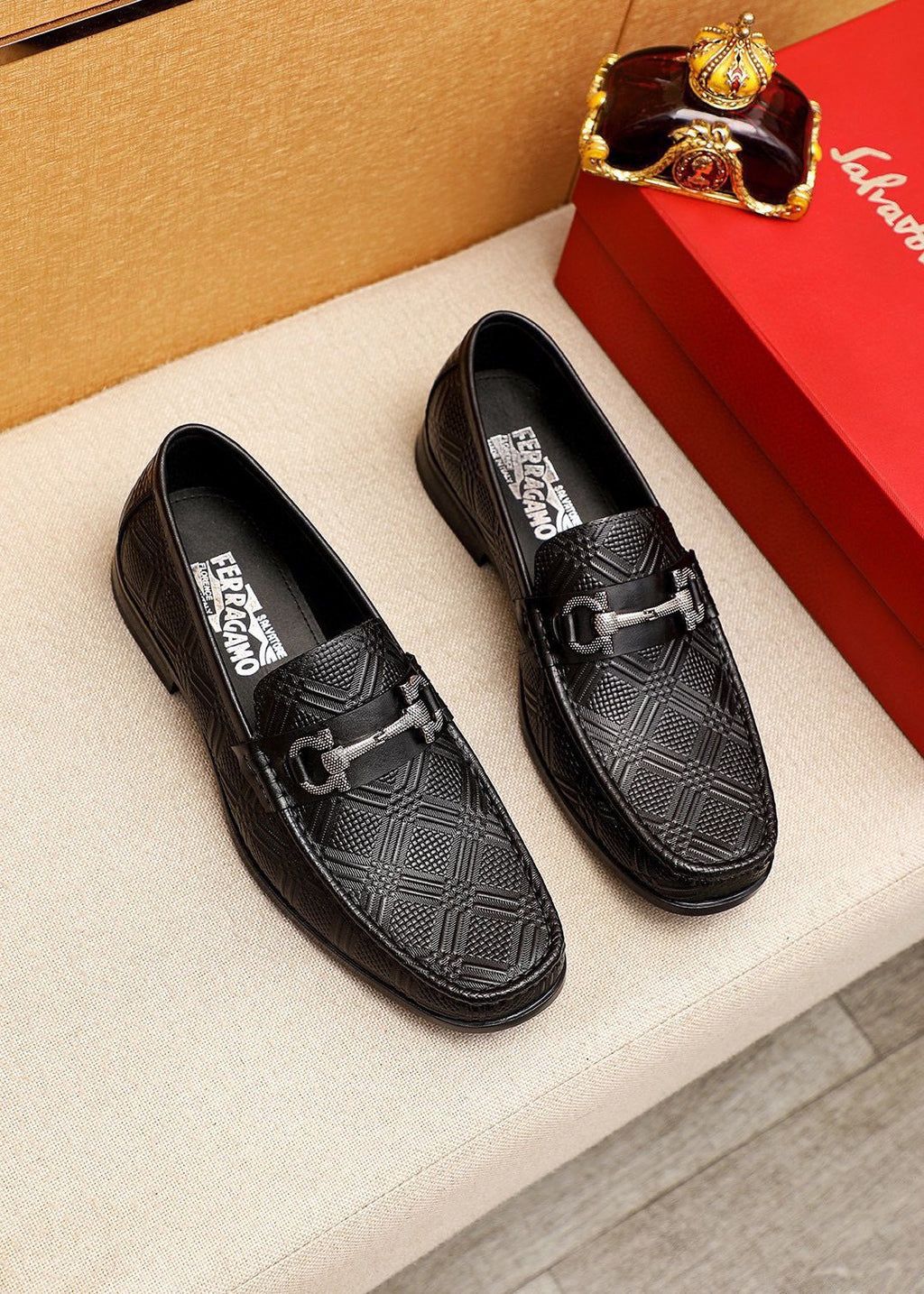 Ferragamo Black Embossed Buckle Loafers - Rubber Sole